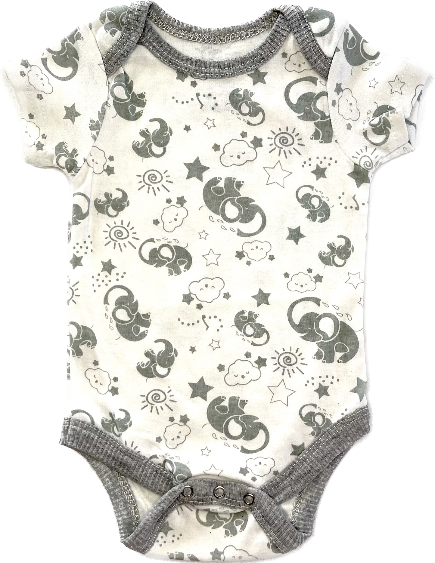 Body manga corta pijama  blanca con borde gris nubes estrellas elefantes  0-3   meses.