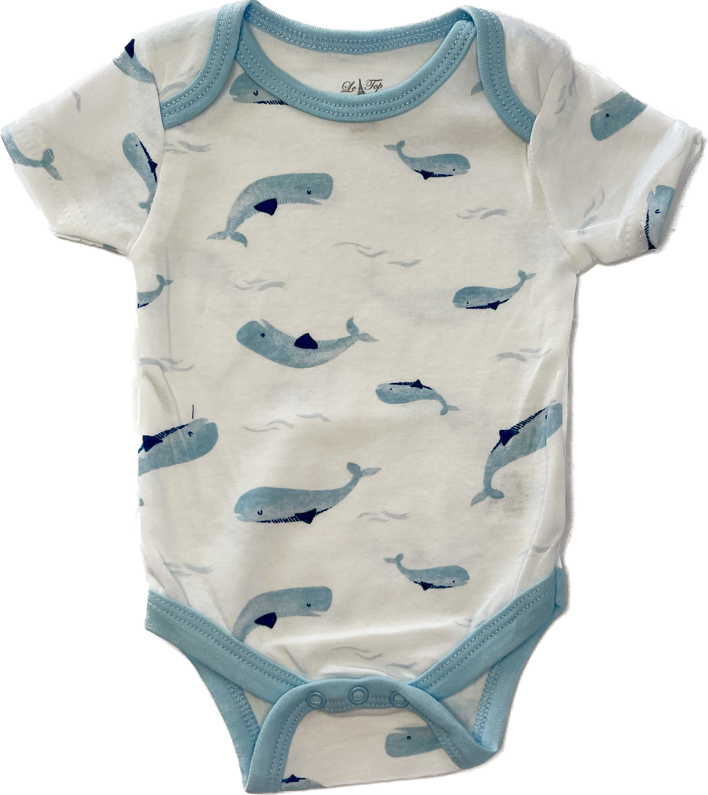 Body manga corta blanco con borde azul claro ballenas nadando 0-3 meses.